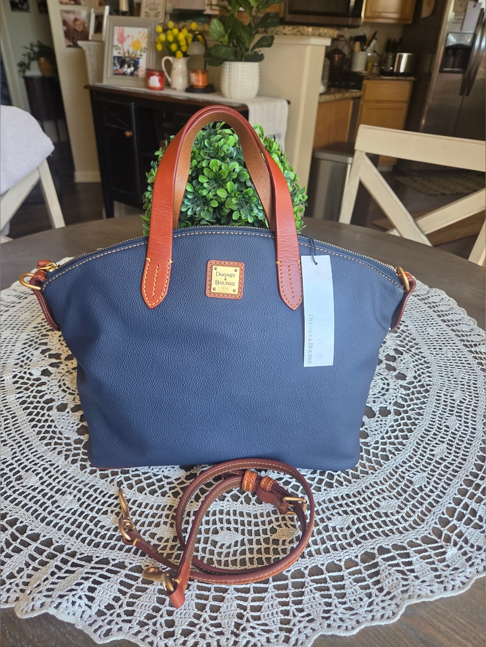 Dooney & Bourke • Navy & Tan Pebbled Leather  Satchel "NWT" 💙🤎
